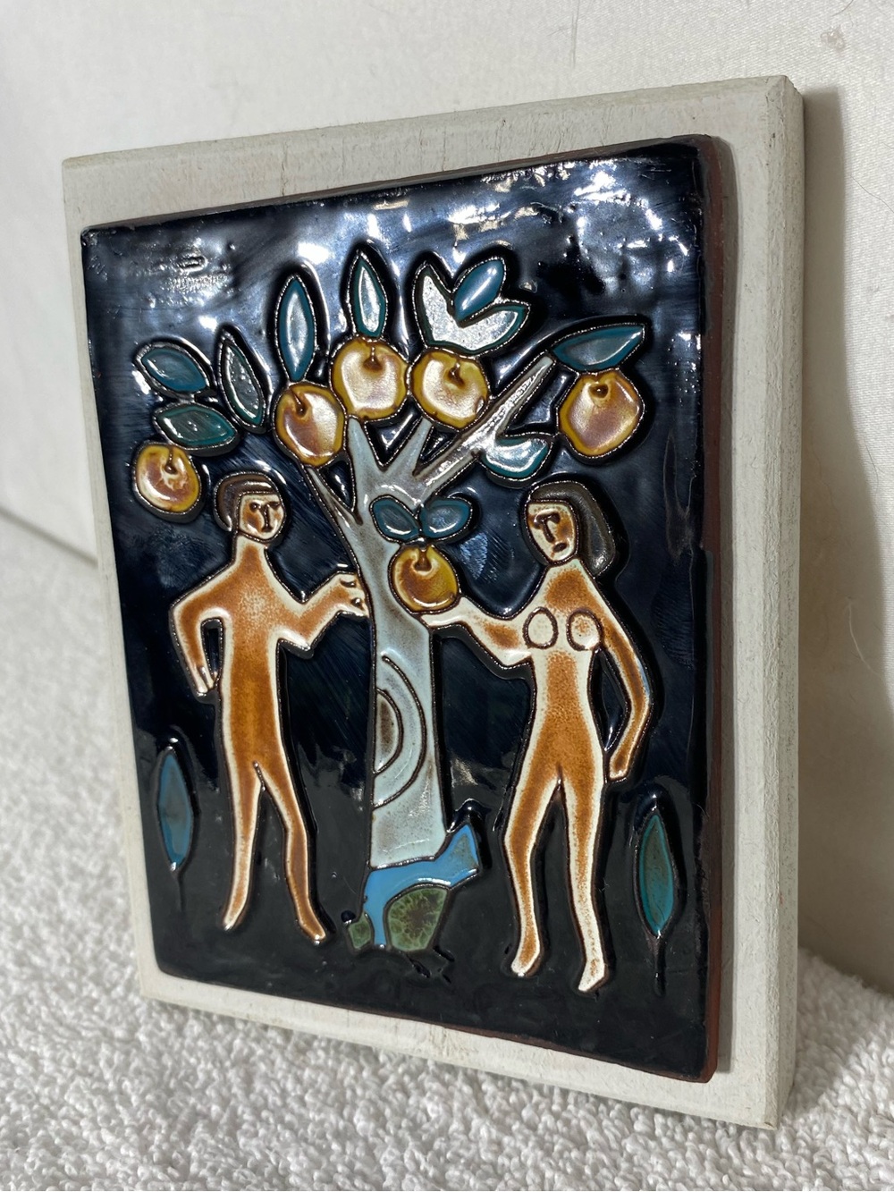 Vintage MCM Brutalist Garden of Eden Adam & Eve Tree Of Knowledge Ceramic Tile - Picture 4 of 13